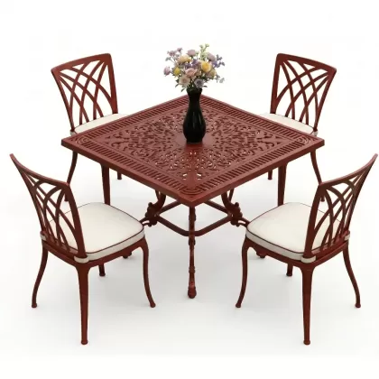 Kare Masa E:100 x D:100 x Y:72 cm 4 Kişilik alüminyum döküm masa ve sandalye takımı kiremit kırmızı