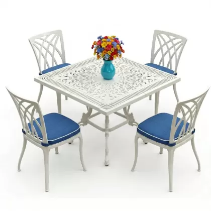 Kare Masa E:100 x D:100 x Y:72 cm 4 Kişilik alüminyum döküm masa ve sandalye takımı beyaz