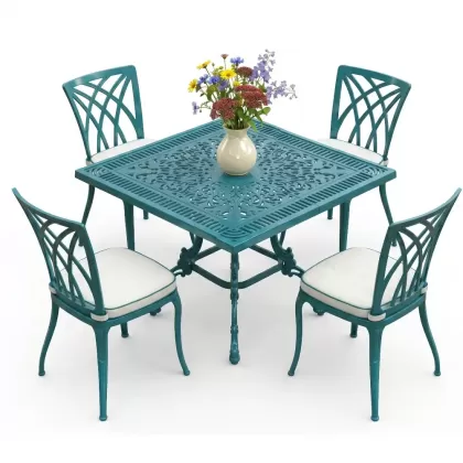 Kare Masa E:100 x D:100 x Y:72 cm 4 Kişilik alüminyum döküm masa ve sandalye takımı turkuaz
