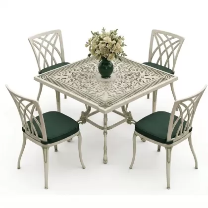 Kare Masa E:100 x D:100 x Y:72 cm 4 Kişilik alüminyum döküm masa ve sandalye takımı yeşil beyaz patina