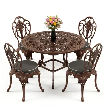 Yuvarlak Masa E:100 x D:100 x Y:72 cm 4 Kişilik alüminyum döküm masa ve sandalye takımı bakır eskitme