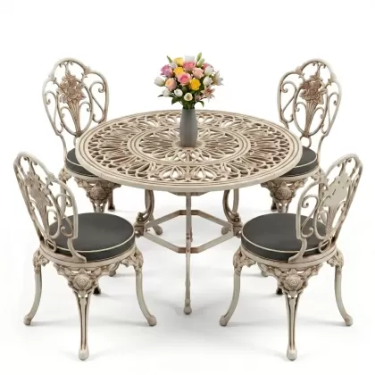 Yuvarlak Masa E:100 x D:100 x Y:72 cm 4 Kişilik alüminyum döküm masa ve sandalye takımı beyaz eskitme