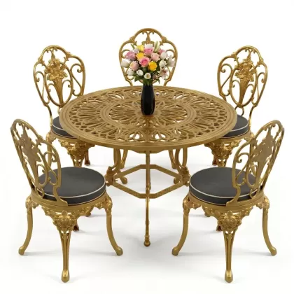 Yuvarlak Masa E:100 x D:100 x Y:72 cm 4 Kişilik alüminyum döküm masa ve sandalye takımı gold altın