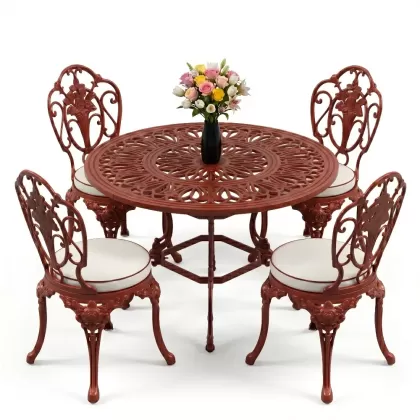 Yuvarlak Masa E:100 x D:100 x Y:72 cm 4 Kişilik alüminyum döküm masa ve sandalye takımı kiremit kırmısısı