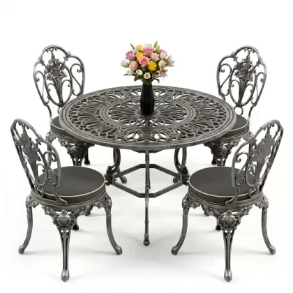 Yuvarlak Masa E:100 x D:100 x Y:72 cm 4 Kişilik alüminyum döküm masa ve sandalye takımı gümüş silver