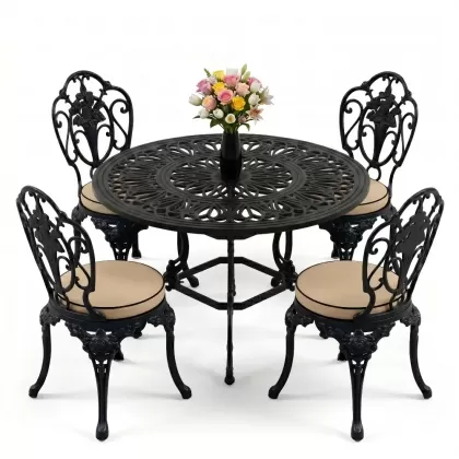 Yuvarlak Masa E:100 x D:100 x Y:72 cm 4 Kişilik alüminyum döküm masa ve sandalye takımı siyah