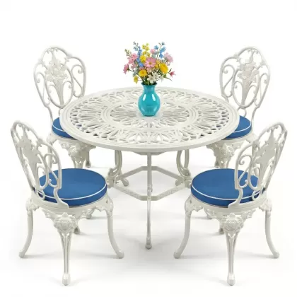Yuvarlak Masa E:100 x D:100 x Y:72 cm 4 Kişilik alüminyum döküm masa ve sandalye takımı beyaz