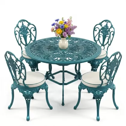 Yuvarlak Masa E:100 x D:100 x Y:72 cm 4 Kişilik alüminyum döküm masa ve sandalye takımı turkuaz