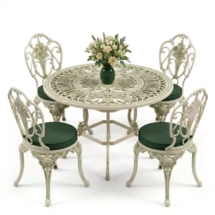 Yuvarlak Masa E:100 x D:100 x Y:72 cm 4 Kişilik alüminyum döküm masa ve sandalye takımı yeşil beyaz eskitme
