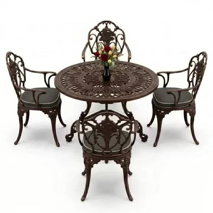 Yuvarlak Masa E:100 x D:100 x Y:72 cm 4 Kişilik alüminyum döküm masa ve sandalye takımı bakır eskitme