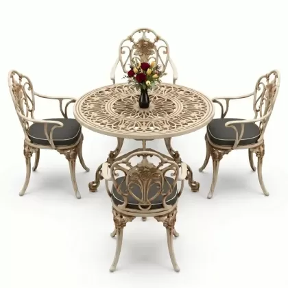 Yuvarlak Masa E:100 x D:100 x Y:72 cm 4 Kişilik alüminyum döküm masa ve sandalye takımı beyaz eskitme