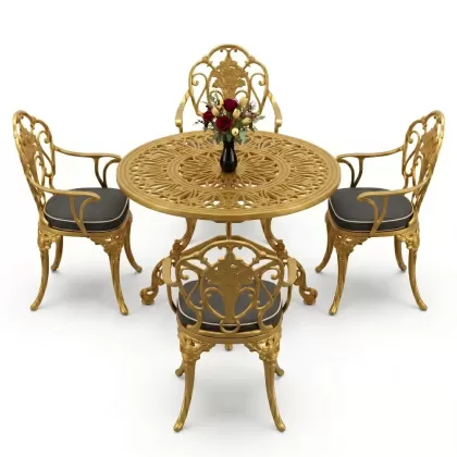 Yuvarlak Masa E:100 x D:100 x Y:72 cm 4 Kişilik alüminyum döküm masa ve sandalye takımı gold altın