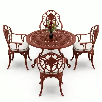 Yuvarlak Masa E:100 x D:100 x Y:72 cm 4 Kişilik alüminyum döküm masa ve sandalye takımı kiremit kırmızı