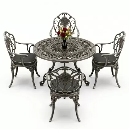 Yuvarlak Masa E:100 x D:100 x Y:72 cm 4 Kişilik alüminyum döküm masa ve sandalye takımı gümüş silver