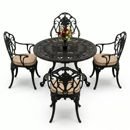 Yuvarlak Masa E:100 x D:100 x Y:72 cm 4 Kişilik alüminyum döküm masa ve sandalye takımı siyah