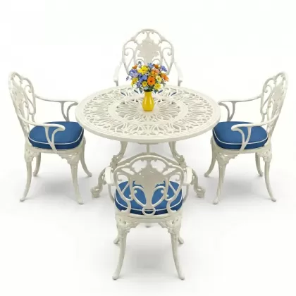 Yuvarlak Masa E:100 x D:100 x Y:72 cm 4 Kişilik alüminyum döküm masa ve sandalye takımı beyaz