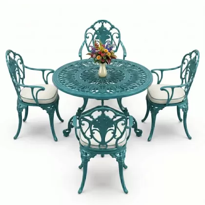 Yuvarlak Masa E:100 x D:100 x Y:72 cm 4 Kişilik alüminyum döküm masa ve sandalye takımı turkuaz