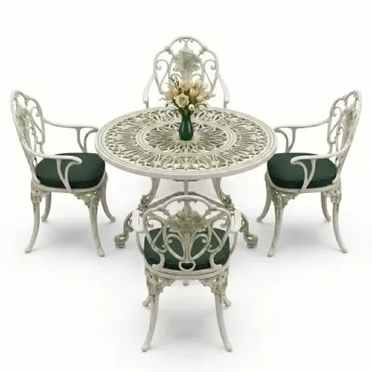 Yuvarlak Masa E:100 x D:100 x Y:72 cm 4 Kişilik alüminyum döküm masa ve sandalye takımı yeşil beyaz patina