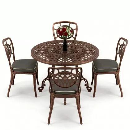 Yuvarlak Masa E:100 x D:100 x Y:72 cm 4 Kişilik alüminyum döküm masa ve sandalye takımıbakır eskitme