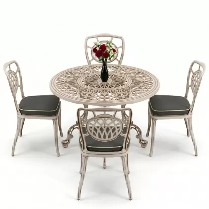 Yuvarlak Masa E:100 x D:100 x Y:72 cm 4 Kişilik alüminyum döküm masa ve sandalye takımıbeyaz eskitme