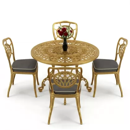 Yuvarlak Masa E:100 x D:100 x Y:72 cm 4 Kişilik alüminyum döküm masa ve sandalye takımıgold altın