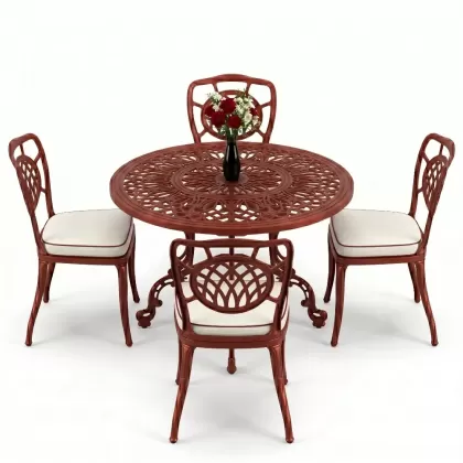 Yuvarlak Masa E:100 x D:100 x Y:72 cm 4 Kişilik alüminyum döküm masa ve sandalye takımıkiremit kırmızı