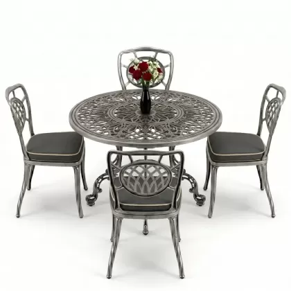 Yuvarlak Masa E:100 x D:100 x Y:72 cm 4 Kişilik alüminyum döküm masa ve sandalye takımıgümüş silver