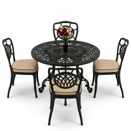 Yuvarlak Masa E:100 x D:100 x Y:72 cm 4 Kişilik alüminyum döküm masa ve sandalye takımısiyah