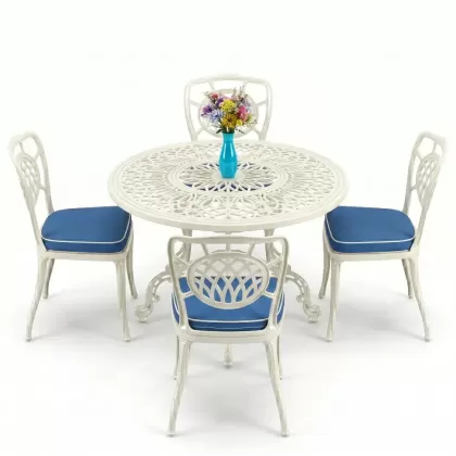 Yuvarlak Masa E:100 x D:100 x Y:72 cm 4 Kişilik alüminyum döküm masa ve sandalye takımıbeyaz