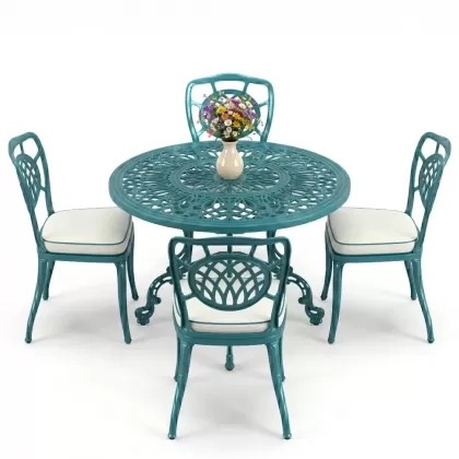 Yuvarlak Masa E:100 x D:100 x Y:72 cm 4 Kişilik alüminyum döküm masa ve sandalye takımıturkuaz