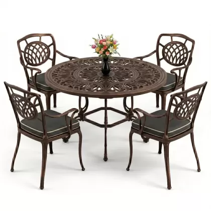 Yuvarlak Masa E:100 x D:100 x Y:72 cm 4 Kişilik alüminyum döküm masa ve sandalye takımı bakır eskitme