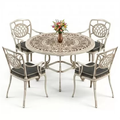 Yuvarlak Masa E:100 x D:100 x Y:72 cm 4 Kişilik alüminyum döküm masa ve sandalye takımı beyaz eskitme