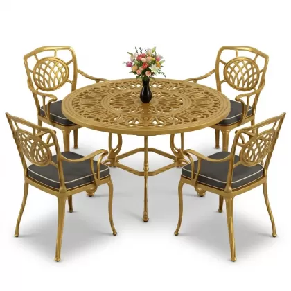 Yuvarlak Masa E:100 x D:100 x Y:72 cm 4 Kişilik alüminyum döküm masa ve sandalye takımı gold altın