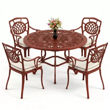 Yuvarlak Masa E:100 x D:100 x Y:72 cm 4 Kişilik alüminyum döküm masa ve sandalye takımı kiremit kırmızı