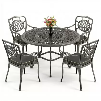 Yuvarlak Masa E:100 x D:100 x Y:72 cm 4 Kişilik alüminyum döküm masa ve sandalye takımı silver gümüş