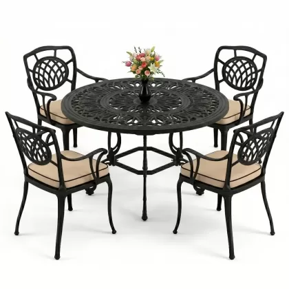 Yuvarlak Masa E:100 x D:100 x Y:72 cm 4 Kişilik alüminyum döküm masa ve sandalye takımı siyah