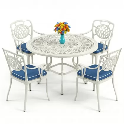 Yuvarlak Masa E:100 x D:100 x Y:72 cm 4 Kişilik alüminyum döküm masa ve sandalye takımı beyaz
