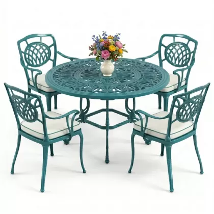 Yuvarlak Masa E:100 x D:100 x Y:72 cm 4 Kişilik alüminyum döküm masa ve sandalye takımı turkuaz