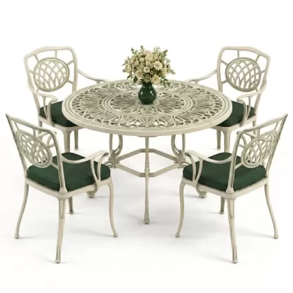 Yuvarlak Masa E:100 x D:100 x Y:72 cm 4 Kişilik alüminyum döküm masa ve sandalye takımı yeşil beyaz patina