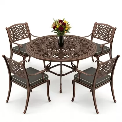 Yuvarlak Masa E:100 x D:100 x Y:72 cm 4 Kişilik alüminyum döküm masa ve sandalye takımı bakır eskitme