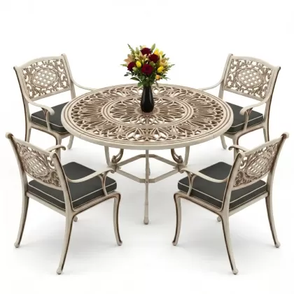 Yuvarlak Masa E:100 x D:100 x Y:72 cm 4 Kişilik alüminyum döküm masa ve sandalye takımı beyaz eskitme