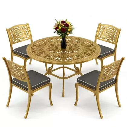 Yuvarlak Masa E:100 x D:100 x Y:72 cm 4 Kişilik alüminyum döküm masa ve sandalye takımı gold altın
