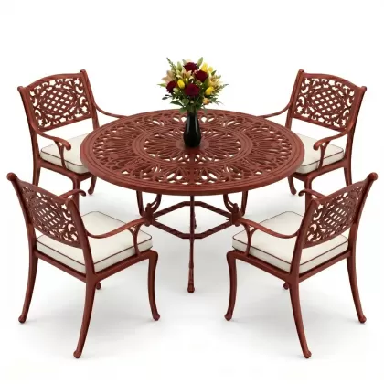 Yuvarlak Masa E:100 x D:100 x Y:72 cm 4 Kişilik alüminyum döküm masa ve sandalye takımı kırmızı kiremit