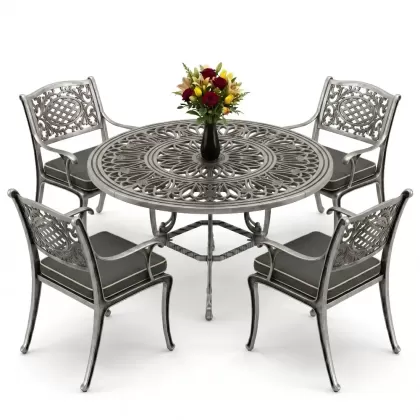 Yuvarlak Masa E:100 x D:100 x Y:72 cm 4 Kişilik alüminyum döküm masa ve sandalye takımı silver gümüş