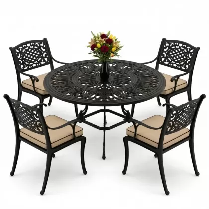 Yuvarlak Masa E:100 x D:100 x Y:72 cm 4 Kişilik alüminyum döküm masa ve sandalye takımı siyah