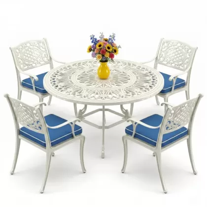 Yuvarlak Masa E:100 x D:100 x Y:72 cm 4 Kişilik alüminyum döküm masa ve sandalye takımı beyaz