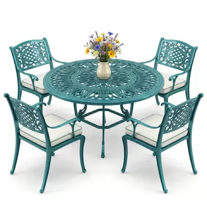 Yuvarlak Masa E:100 x D:100 x Y:72 cm 4 Kişilik alüminyum döküm masa ve sandalye takımı turkuaz