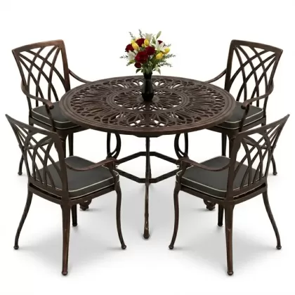 Yuvarlak Masa E:100 x D:100 x Y:72 cm 4 Kişilik modern kollu alüminyum döküm masa ve sandalye takımı bakır eskitme