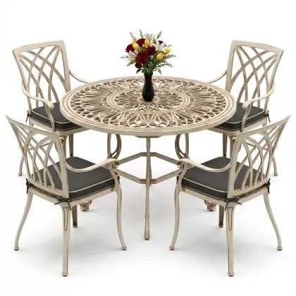 Yuvarlak Masa E:100 x D:100 x Y:72 cm 4 Kişilik modern kollu alüminyum döküm masa ve sandalye takımı beyaz eskitme