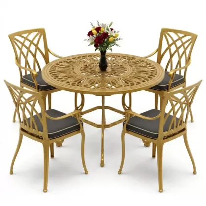 Yuvarlak Masa E:100 x D:100 x Y:72 cm 4 Kişilik modern kollu alüminyum döküm masa ve sandalye takımı gold altın
